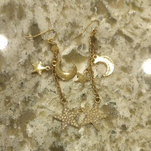 Gold Star and Moon Dangle Earrings